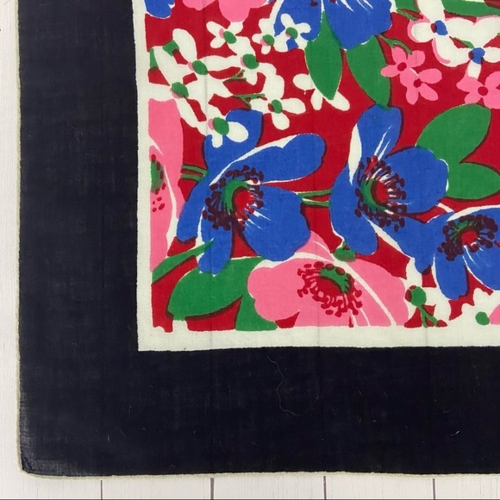 Vintage Blue White Pink Floral Green Leaves Handkerchief Hanky Cottage Cotton - Picture 5 of 9